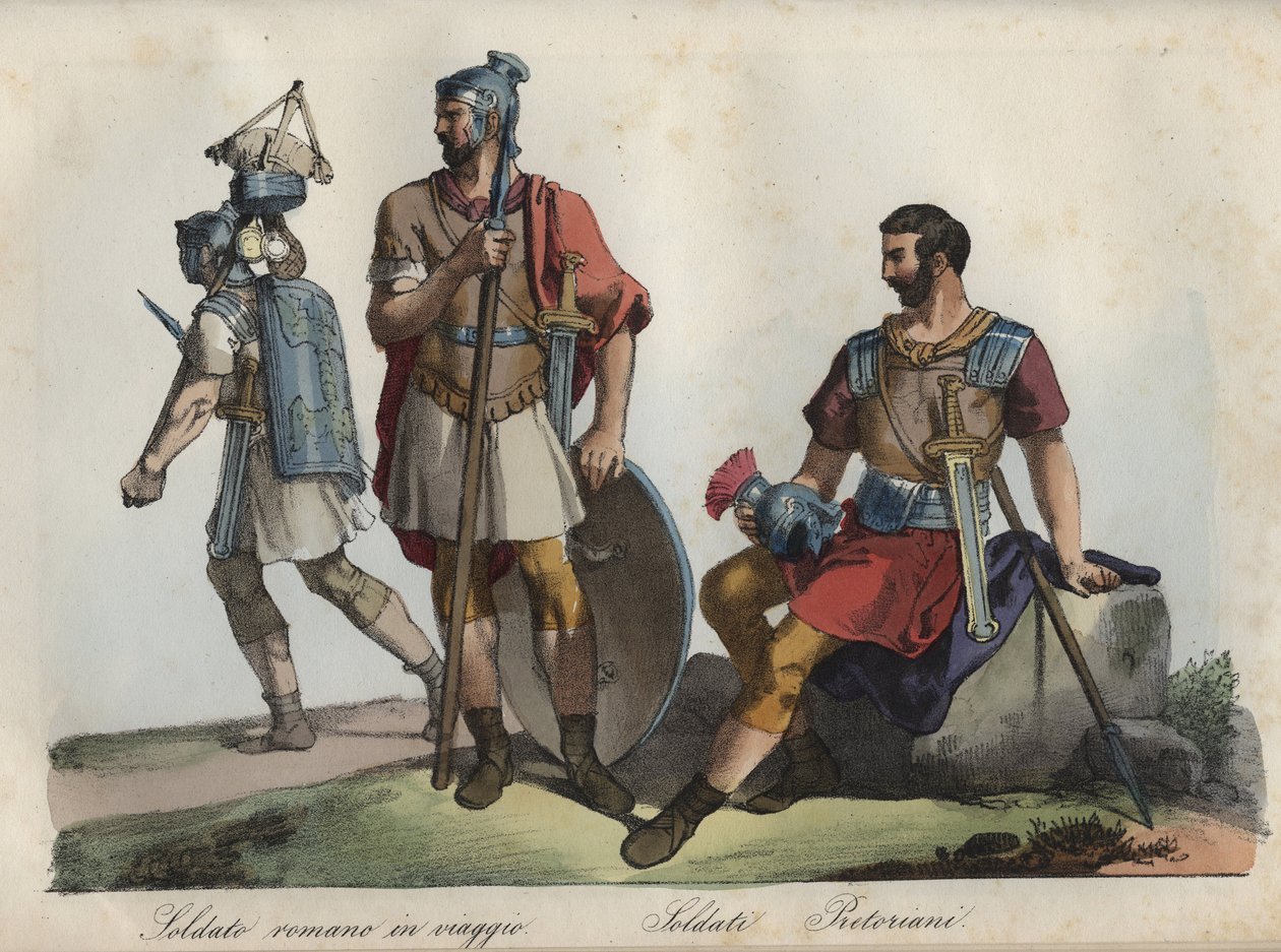 Romerske soldater og prætorianergarde - gravering fra "" skikke og traditioner for alle folk i universet. Det vil sige historien om regeringen, lovene, militsen, om alle nationers religion fra de fjerneste tider til i dag "1856 af Unknown artist