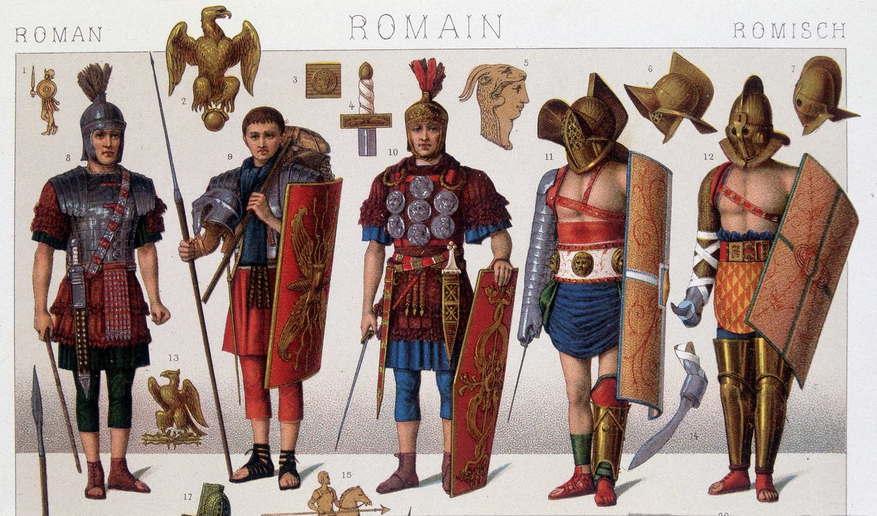 Romerske gladiator kostumer og krigere. 1800-tallets kromolitografi. af Unknown artist