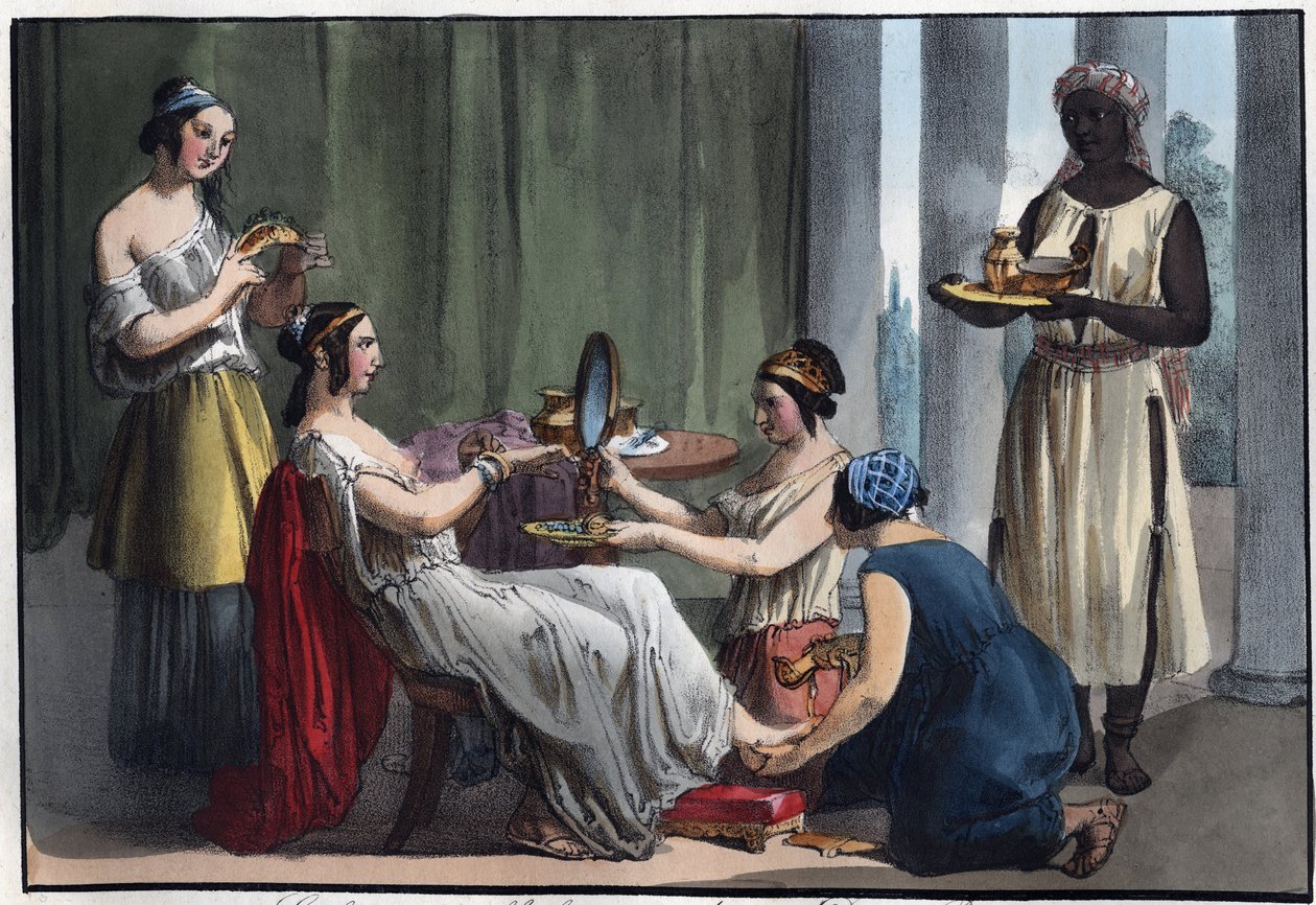 Romersk dame ved sit toilet - indgravering fra "" Skikke og traditioner for alle mennesker i universet. Det vil sige historien om regeringen, lovene, militsen, om alle nationers religion fra de fjerneste tider til i dag "1856 af Unknown artist