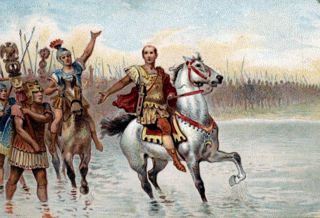 Romersk politisk system: Konsulen. Jules Cesar krydsede floden Rubicon med sine legioner i våben den 10. januar 49 f.Kr. i Pompee den Stores fodspor (Gneo Pompeo Magno eller Gnaeus Pompeius Magnus af Unknown artist