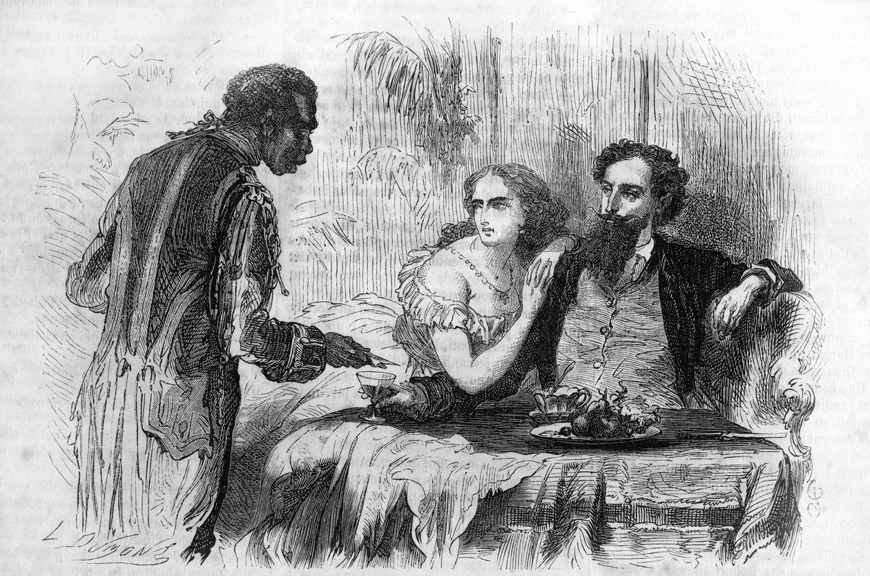 Romersk føljeton: "Puritanerne i Paris" af Paul Bocage (1824-1887). "Negren bragte Robert visitkortet." Indgravering i "" Les bons romances"" af Unknown artist