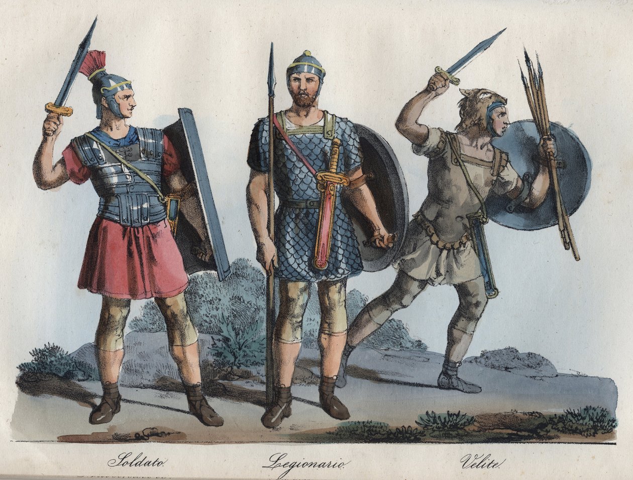 Romersk soldat - Legionær - Velitter (let infanteri) - gravering fra "" Skikke og traditioner for alle folk i universet. Det er historien om regeringen, lovene, militsen, om alle nationers religion fra de fjerneste tider til i dag" af Unknown artist