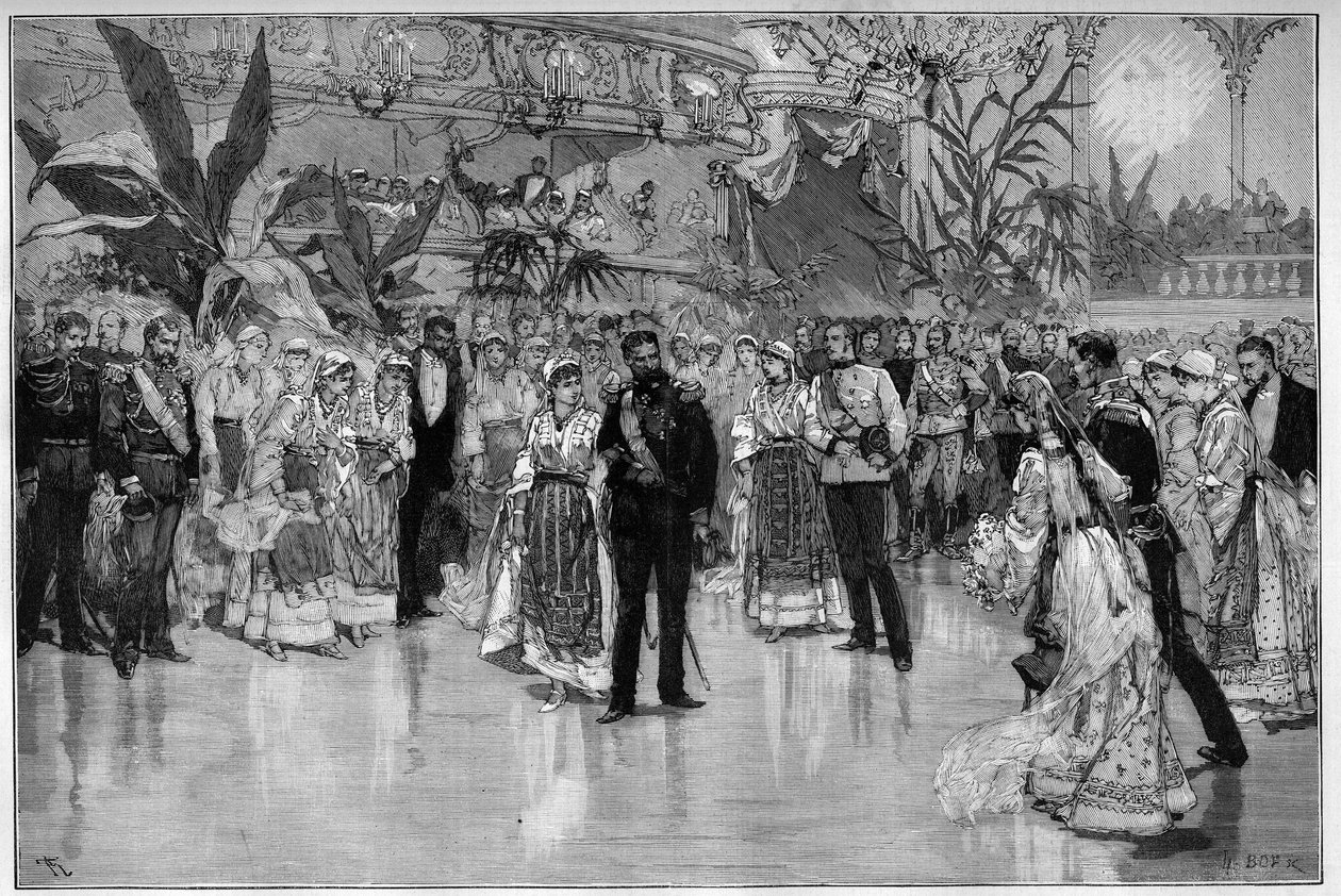 Rumænien: Bal givet til ære for prins Rodolph (1858-1889) og prinsesse Stephanie af Østrig, Ungarn (1864-1945) i Nationalteatret i Bukarest. Gravering i "" Le Monde Illustré"" af Unknown artist