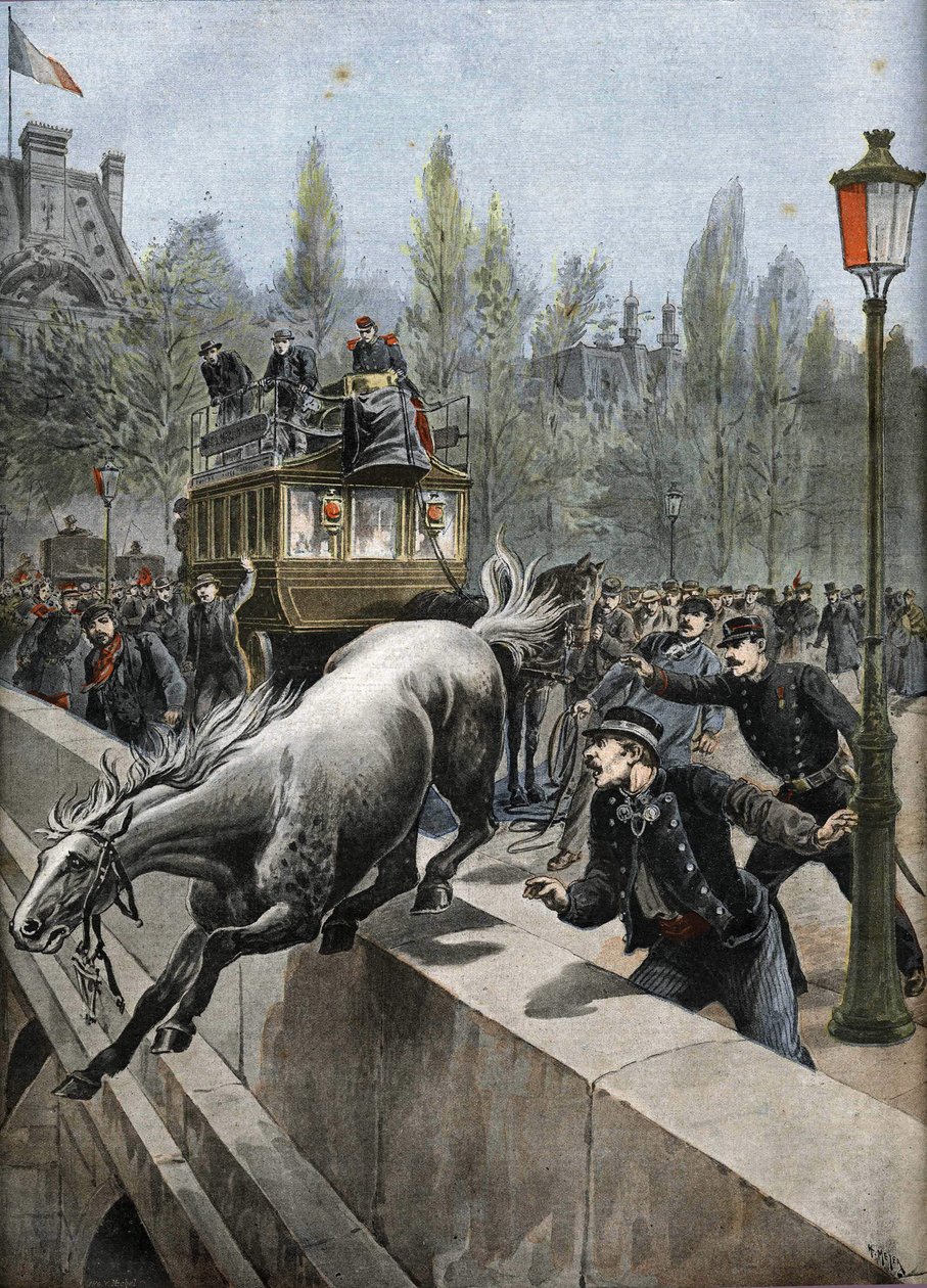 Kongebroen i Paris i 1898: en hest begik selvmord (print) af Unknown Artist