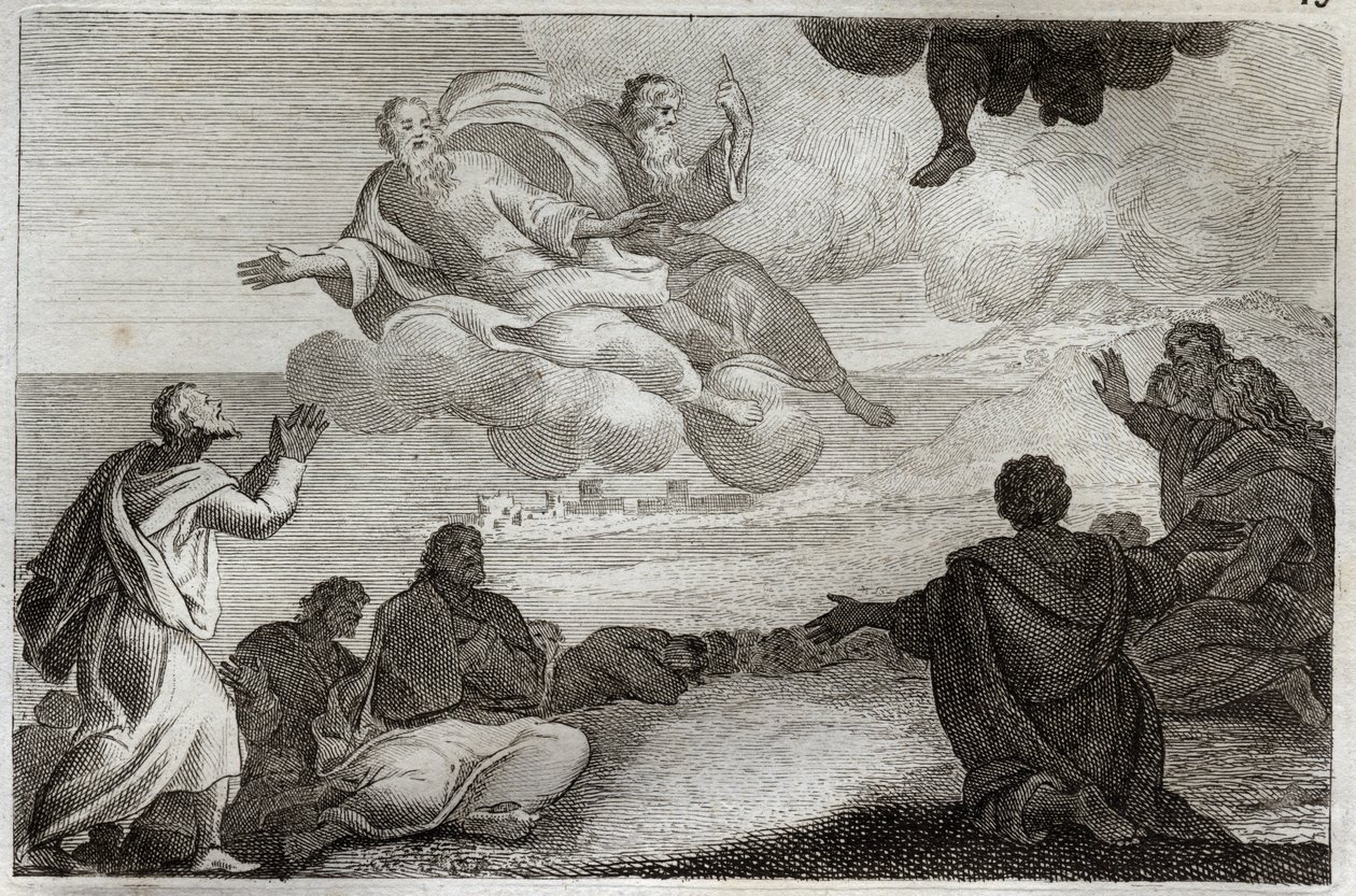 Royaumont Bibelen, Det Nye Testamente: Jesu Kristi Himmelfart. Kristus er taget fra himlen og velsignet apoterne, før han forsvinder i en sky. Illustration fra 1811. af Unknown artist