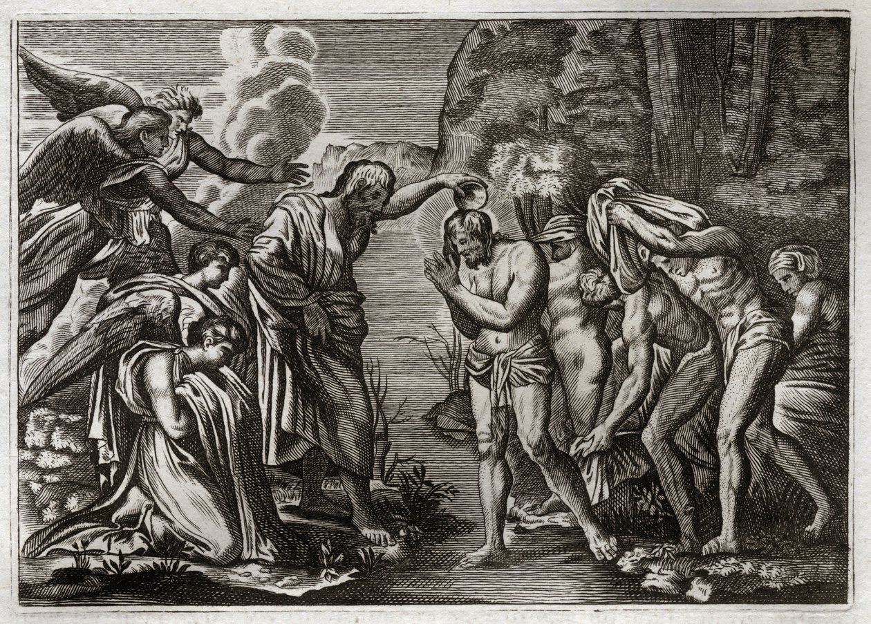 Royaumont Bible, Det Nye Testamente: Jesu Kristi Dåb. Johannes Døberen døber Jesus Kristus i Jordanflodens vand. Illustration fra 1811. af Unknown artist