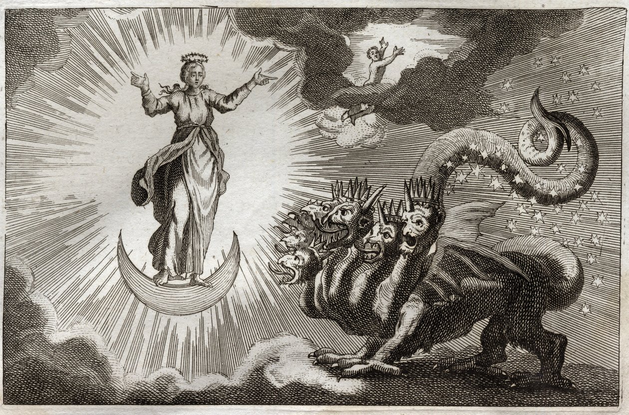 Royaumont Bible, Det Nye Testamente: Bete of Revelation. Sankt Johannes ser et monstrøst dyr med syv hoveder og ti horn og en gravid kvinde omgivet af lys, under hvis fødder er månen og på hendes hoved en krone af tolv stjerner. Illustration fra 1811. af Unknown artist