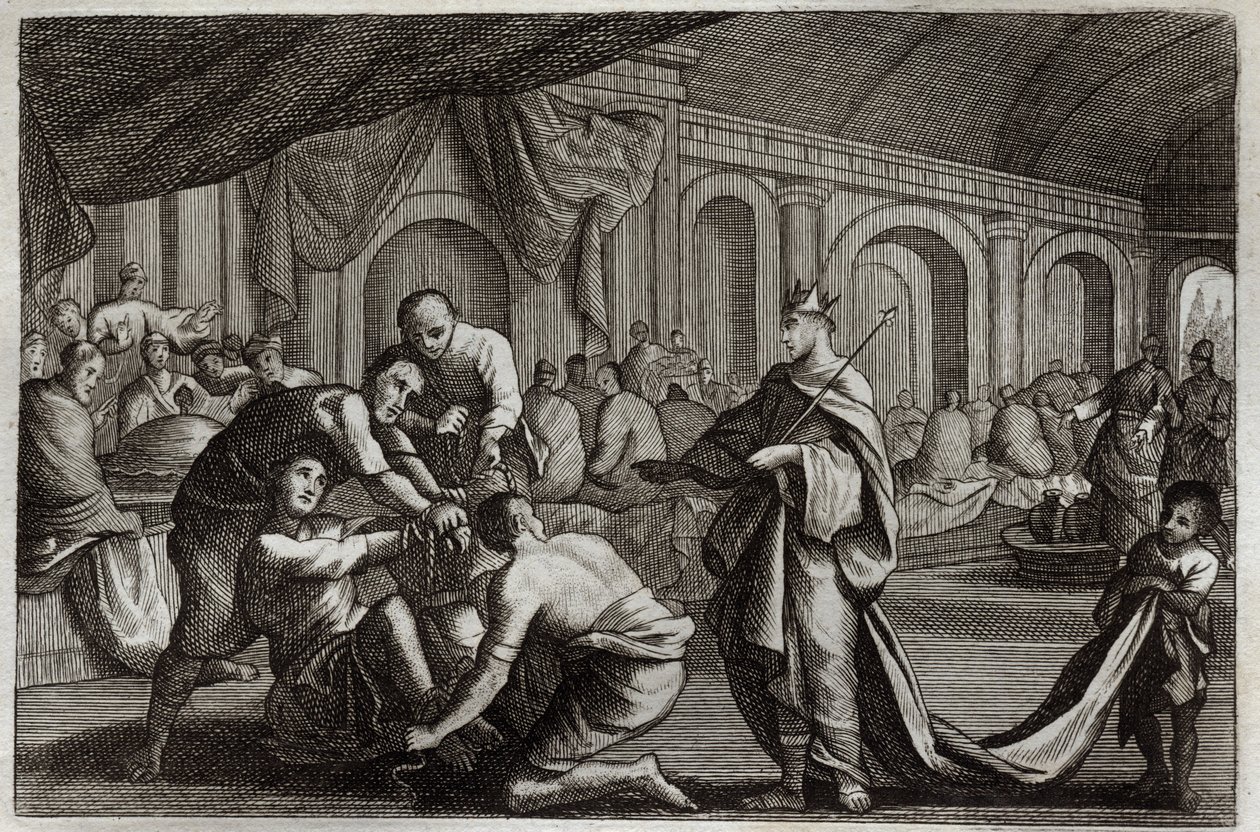 Royaumont Bible, Det Nye Testamente: Brudekjole. Lignelse om en konge, der foretog sin søns bryllup, hvorfra han afviste en mand, der ikke havde brudekjolen. Illustration fra 1811. af Unknown artist
