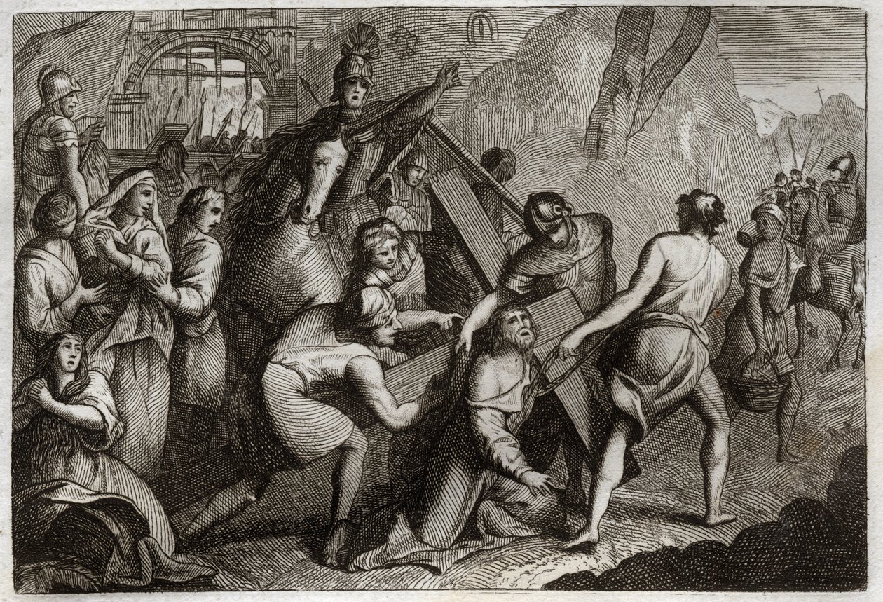 Royaumont Bibelen, Det Nye Testamente: At bære korset (Korsets vej). Jesus Kristus bærer sit kors til Golgata-bjerget ved hjælp af Simon af Kyrene (kyrenæeren). Illustration fra 1811. af Unknown artist