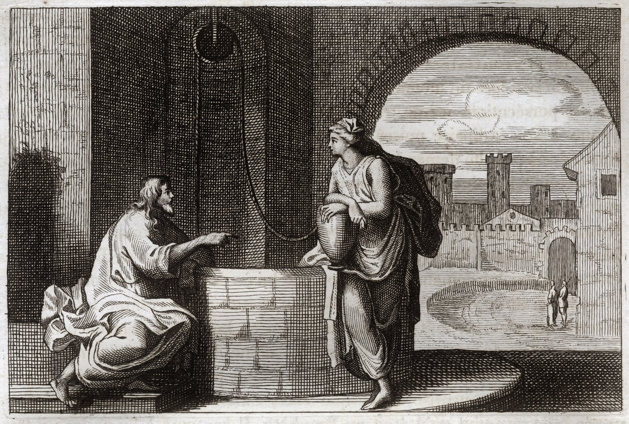 Royaumont Bibelen, Det Nye Testamente: Kristus og samaritaneren ved brønden. Jesus Kristus omvender en samaritansk kvinde. Illustration fra 1811. af Unknown artist