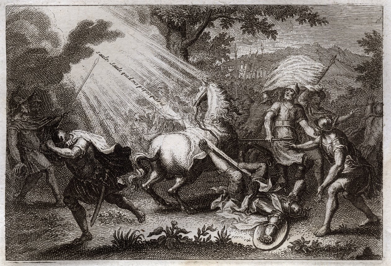 Royaumont Bibelen, Det Nye Testamente: Omvendelse af St. Paul på vej til Damaskus. Han hører Jesu Kristi stemme, som siger til ham "" Pil, Pil, som forfølger mig"" (Saul, Saul, hvorfor forfølger du mig?) og en hest falder. Illustration fra 1811. af Unknown artist