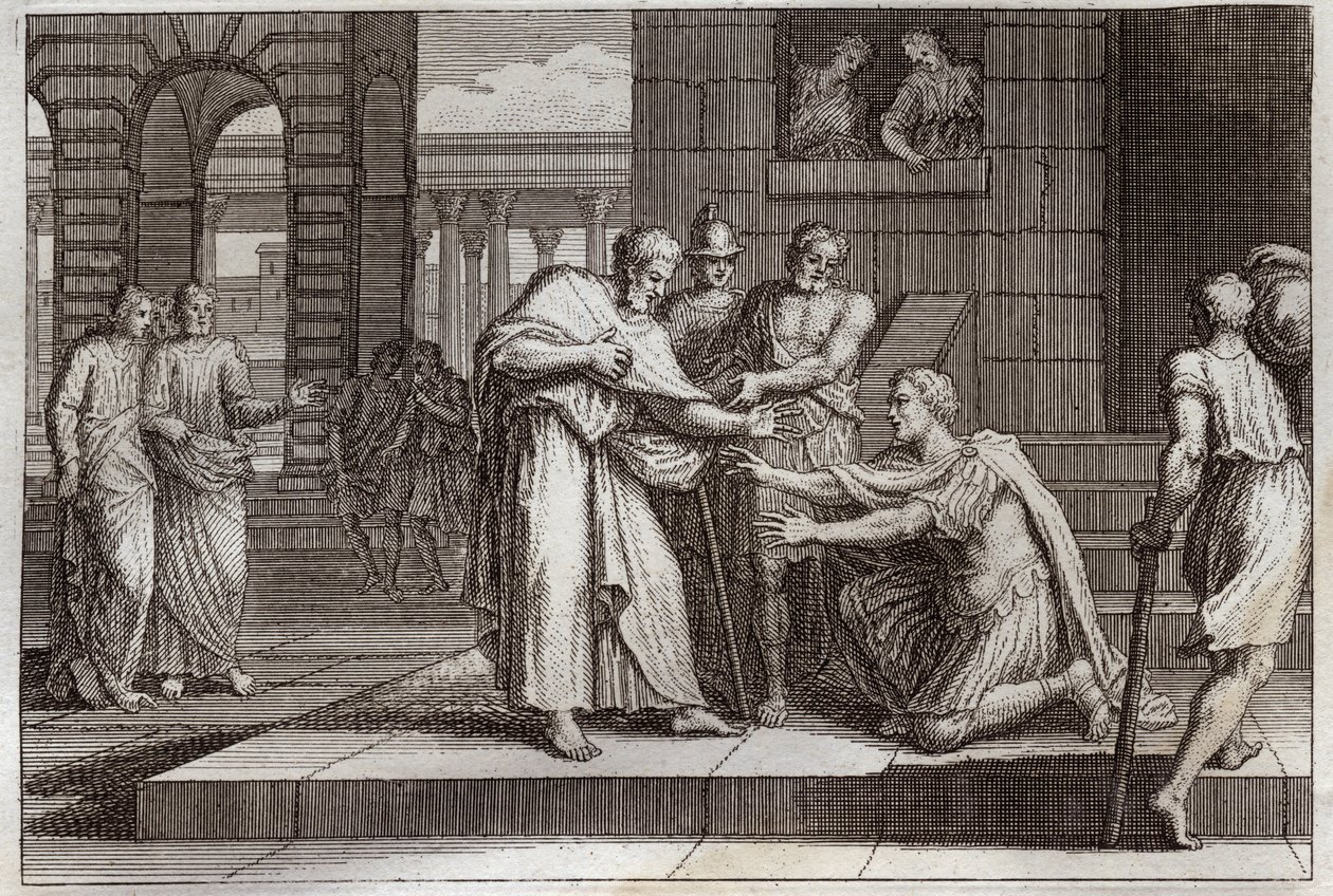 Royaumont Bibelen, Det Nye Testamente: Cornelius døber. Crow the centurion modtager troen på Jesus Kristus og bliver døbt af St. Peter. Illustration fra 1811. af Unknown artist