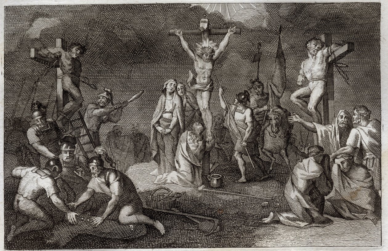 Royaumont Bible, Det Nye Testamente: Jesu Kristi korsfæstelse. Jomfru Maria, Sankt Maria Magdalena og Sankt Johannes ved foden af korset, Sankt Longin Centurion (Saint Longinus) med sit spyd, soldater, der spiller Kristi tunika. På siderne er repr af Unknown artist