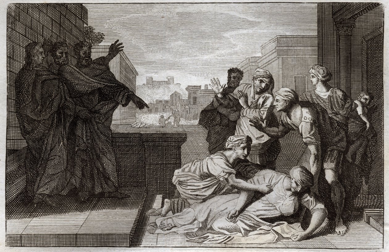 Royaumont Bibelen, Det Nye Testamente: Ananias og hans kone Saphires død før St. Peter og St. John. Illustration fra 1811. af Unknown artist