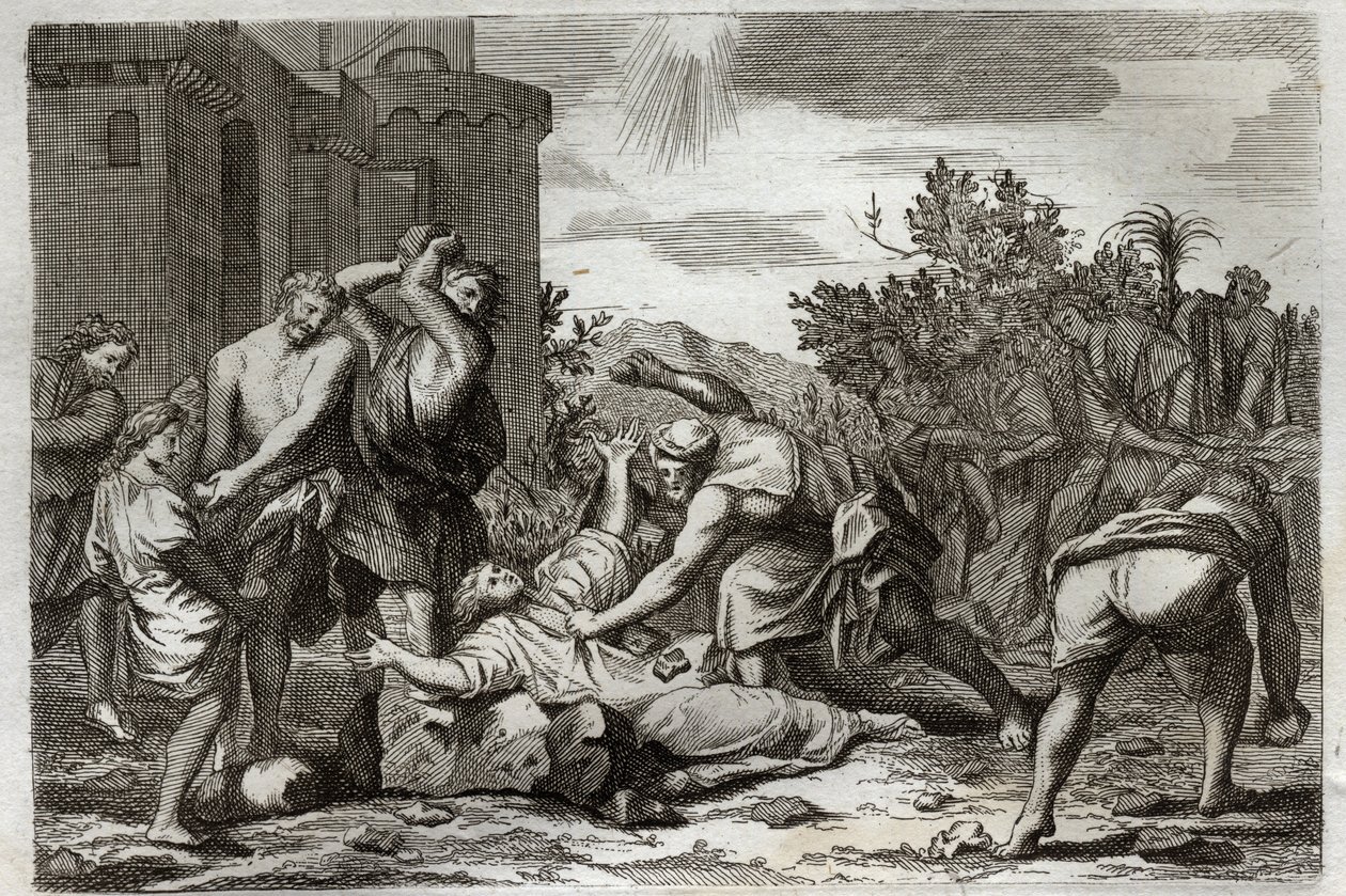 Royaumont Bibelen, Det Nye Testamente: St Stephens, første kristne martyrs død ved stening. Illustration fra 1811. af Unknown artist