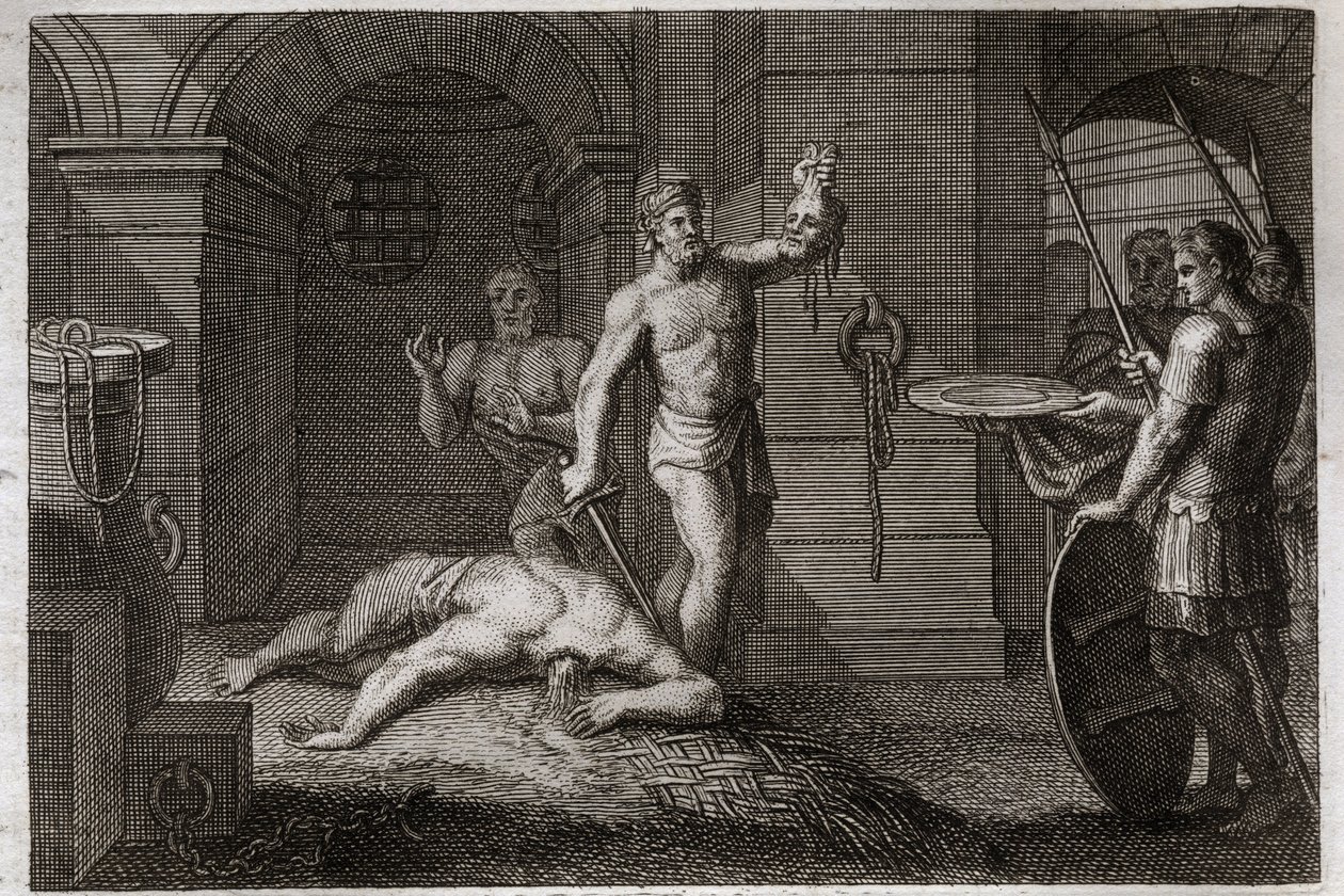 Royaumont Bible, Det Nye Testamente: Dekollering af Johannes Døberen. Man lægger hovedet på et plateau. Illustration fra 1811. af Unknown artist