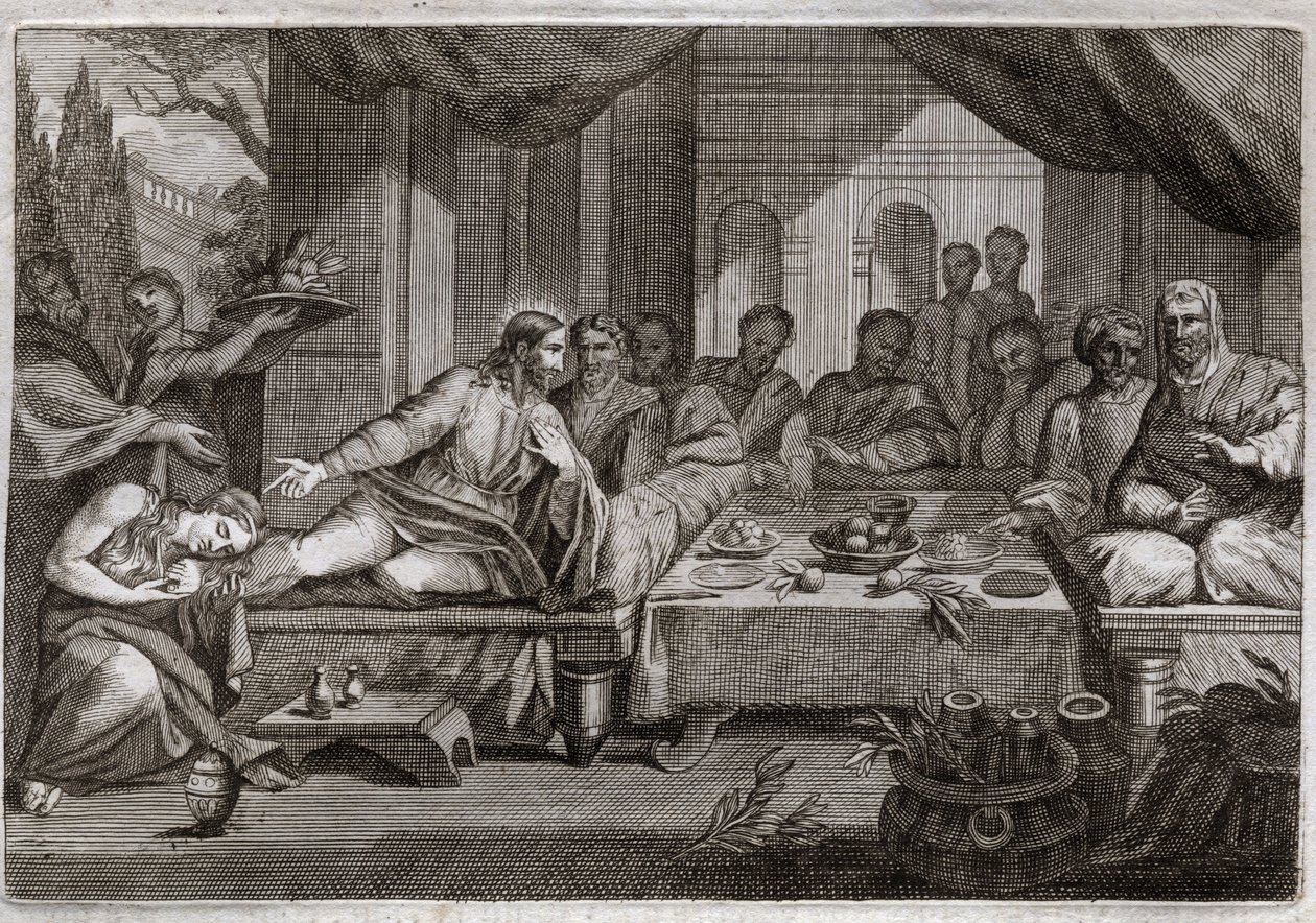 Royaumont Bible, Det Nye Testamente: Middag hos farisæeren Simon. Maria Magdalene gik hen for at græde ved Jesu Kristi fødder hos farisæeren Simon og fik tilgivelse for sine synder. Hun salver Kristi fødder med salve og tørrer dem med sit hår. Il af Unknown artist