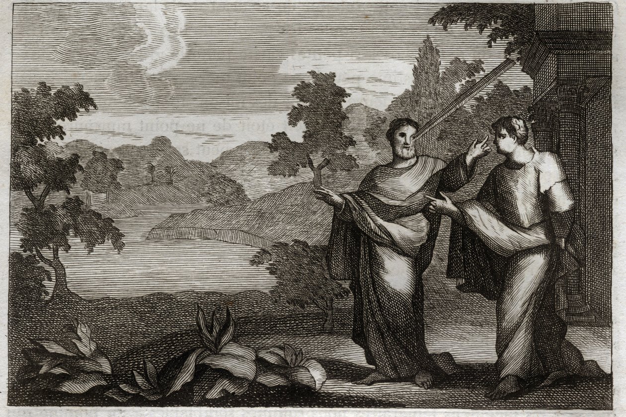Royaumont Bibelen, Det Nye Testamente: Døm ikke andre. Når du har en bjælke i øjet, skal du ikke bryde dig om at trække et sugerør fra din brors øje (lignelsen om halmen og bjælken). Illustration fra 1811. af Unknown artist