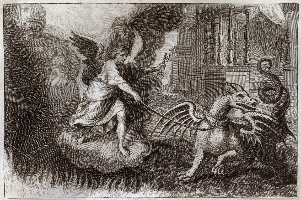 Royaumont Bibelen, Det Nye Testamente: Dragekæder. Åbenbaringens Drage, symbol på Djævelen, er lænket af en engel, der holder nøglen til abime. Illustration fra 1811. af Unknown artist