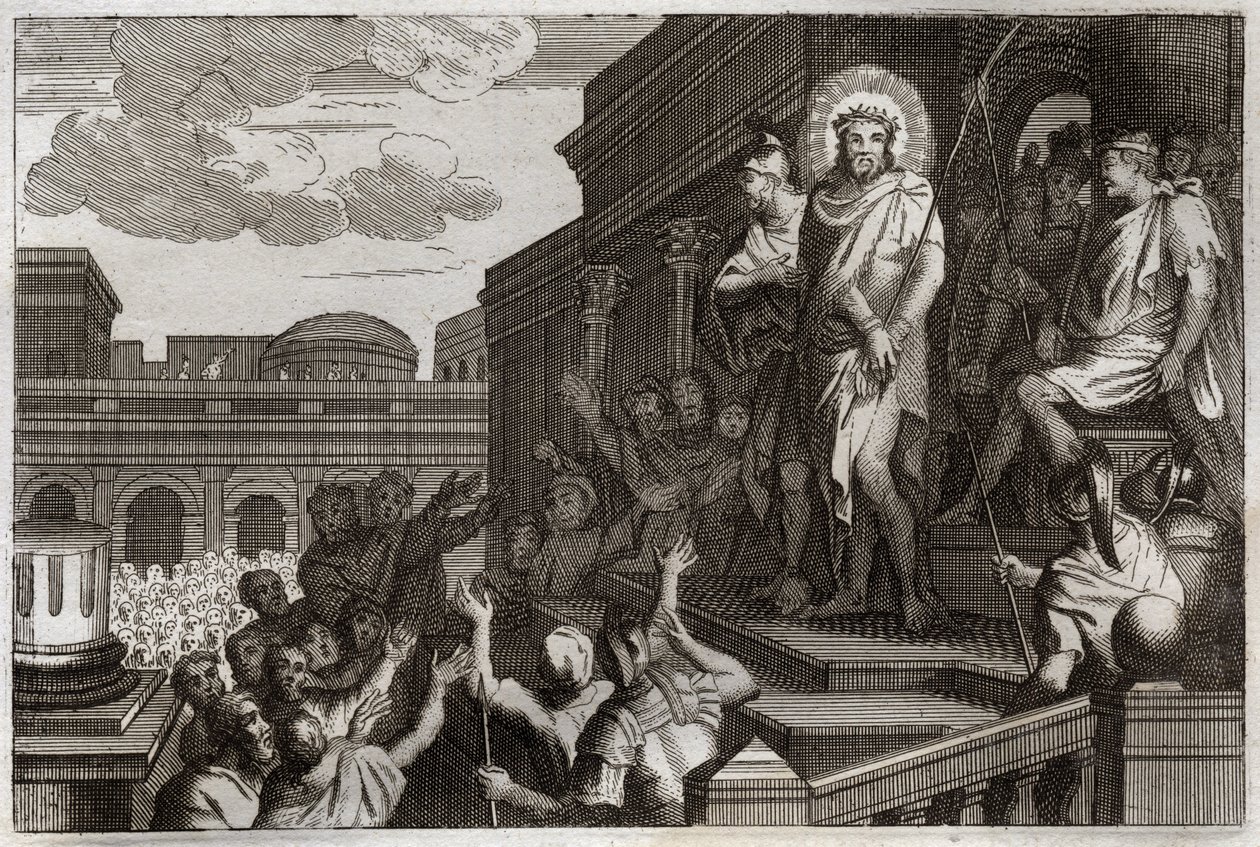 Royaumont Bibelen, Det Nye Testamente: Ecce homo. Pontius Pilatus (Pontius Pilatus) præsenterer Jesus Kristus med torne til mængden og siger: "Her er manden". Illustration fra 1811. af Unknown artist