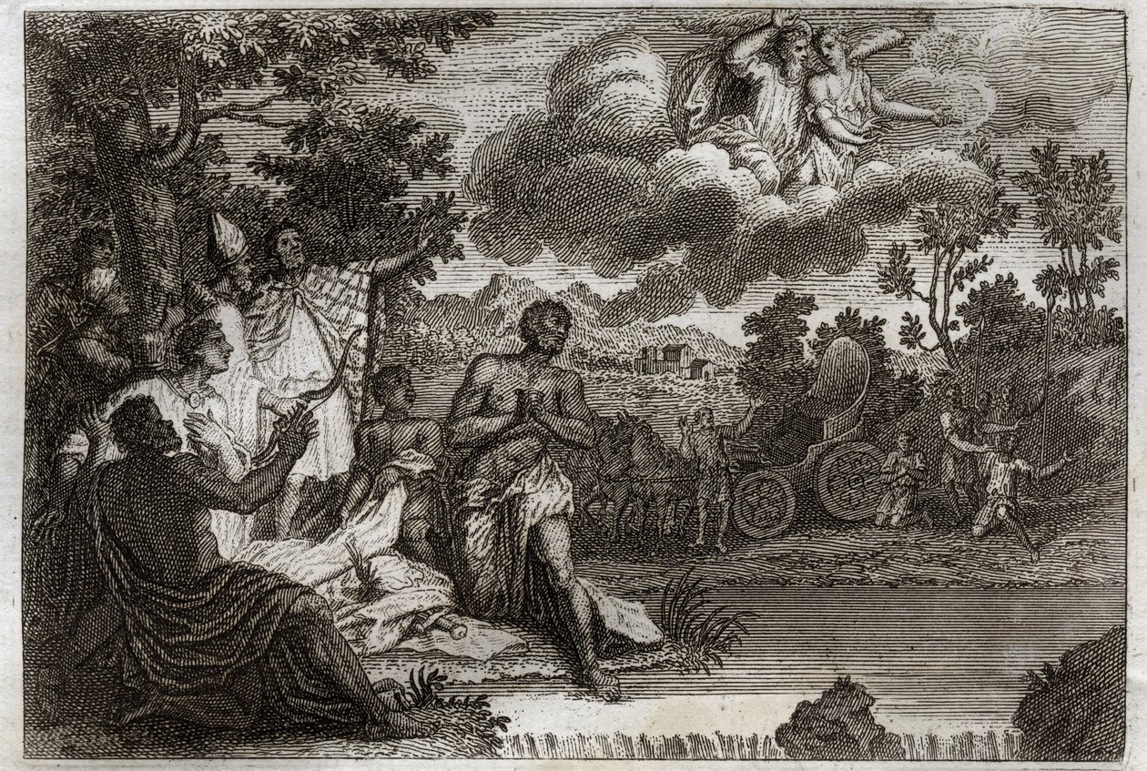 Royaumont Bibelen, Det Nye Testamente: Eunuk døber. Sankt Filips diakon bekendtgør tro til en eunuk af dronningen af Etiopien og døber ham. Illustration fra 1811. af Unknown artist
