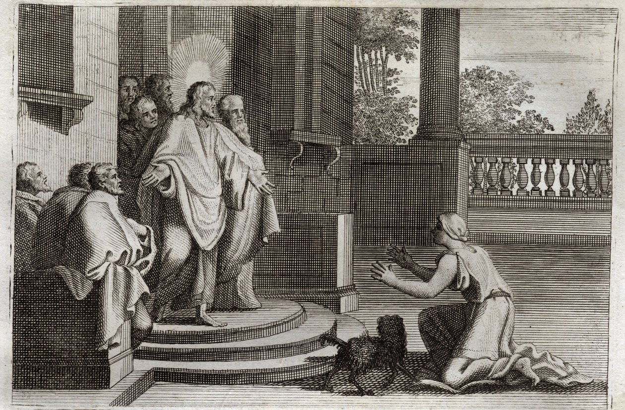 Royaumont Bibelen, Det Nye Testamente: Jesus Kristus og Kanaans hustru (Kanan eller den fremmede kvinde). En bonde beder Herren om hjælp til at helbrede sin datter. Kristus svarede ham: "Jeg blev kun sendt til de fortabte får af Israels hus." Illustration  af Unknown artist