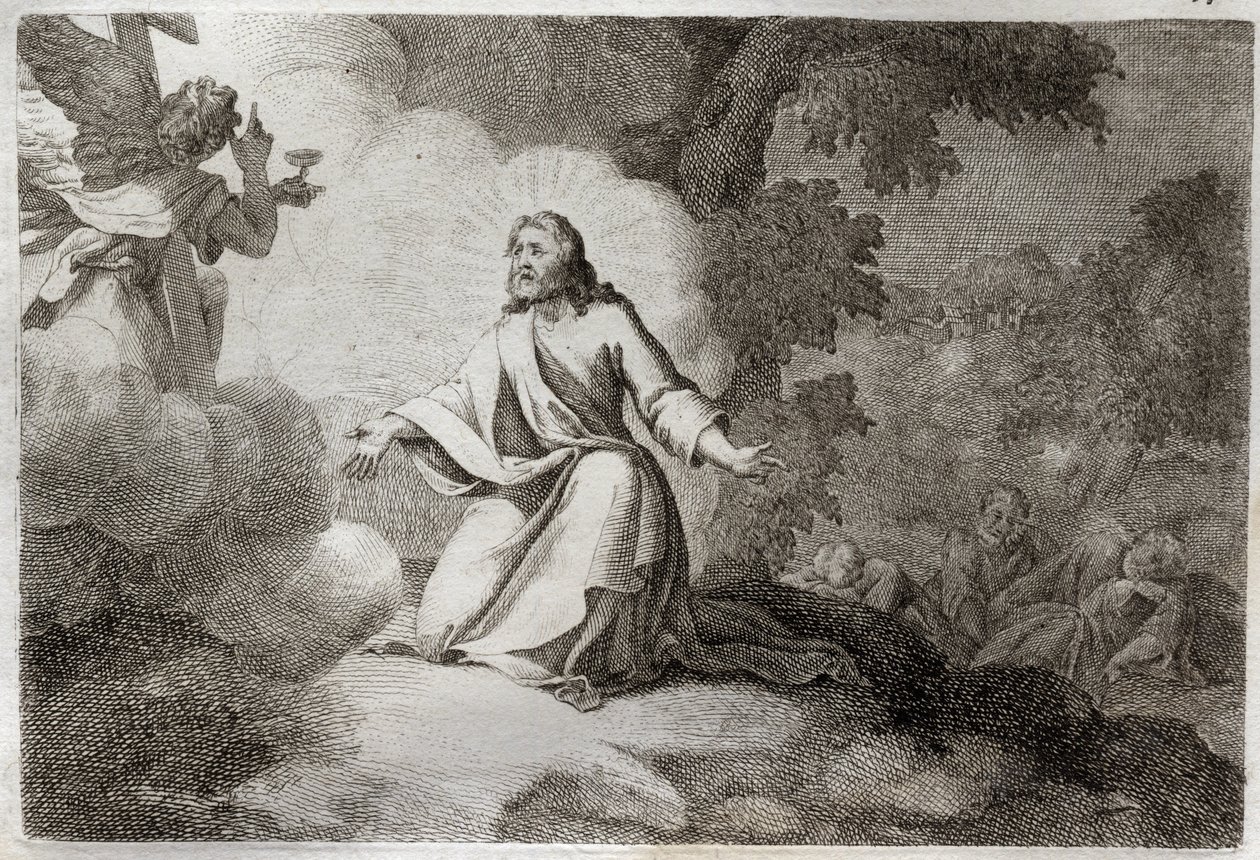 Royaumont Bibelen, Det Nye Testamente: Jesus Kristus i haven (bøn på Oliebjerget). En engel, der holder en kalk, viser sig for Jesus. Skt. Peters, St. Johannes og St. Jakobs apoters sover. Illustration fra 1811. af Unknown artist