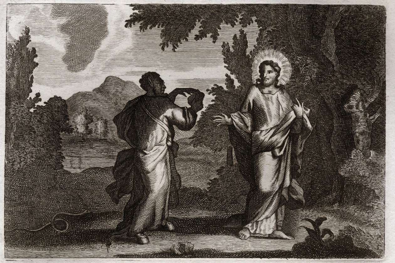 Royaumont Bibelen, Det Nye Testamente: Jesus Kristus i ørkenen. Jesus bliver drevet ud i ørkenen. Han unge fyrre dage og fyrre nætter. Han bliver fristet af dæmonen, der inviterer ham til at forvandle sten til brød. Illustration fra 1811. af Unknown artist