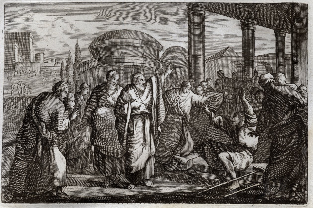 Royaumont Bibelen, Det Nye Testamente: Lame gueri. Saint Paul kriger en lam og arresterer et folk, der ønskede at ofre til ham som en Gud. Illustration fra 1811. af Unknown artist