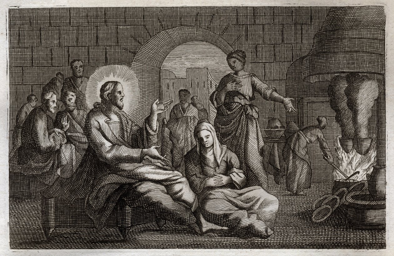 Royaumont Bibelen, Det Nye Testamente: Martha og Maria. Jesus Kristus træder ind i Marthas hus, som skynder sig at modtage ham, mens hans søster, Maria af Bethanie, hører hans ord. Illustration fra 1811. af Unknown artist