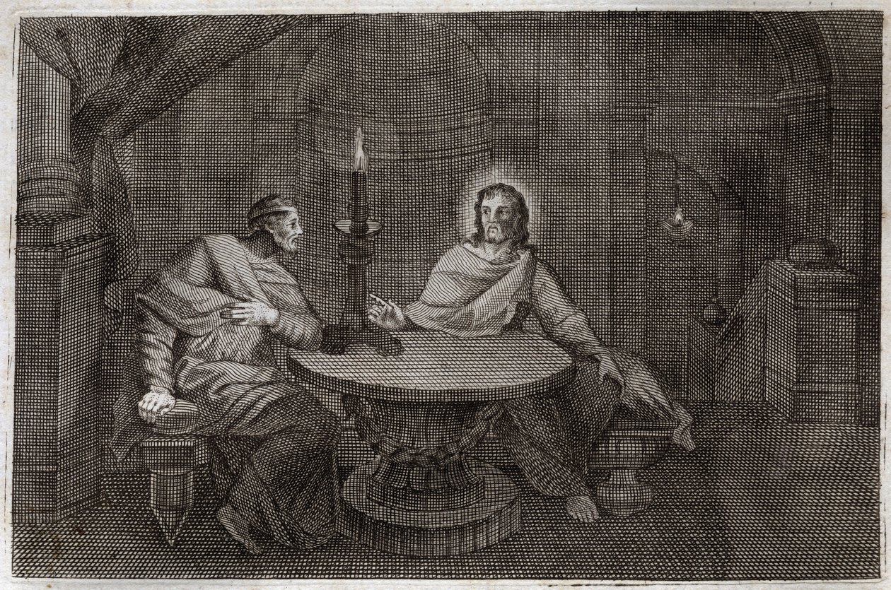 Royaumont Bibelen, Det Nye Testamente: Nikodema kommer for at finde Jesus Kristus om natten. Illustration fra 1811. af Unknown artist