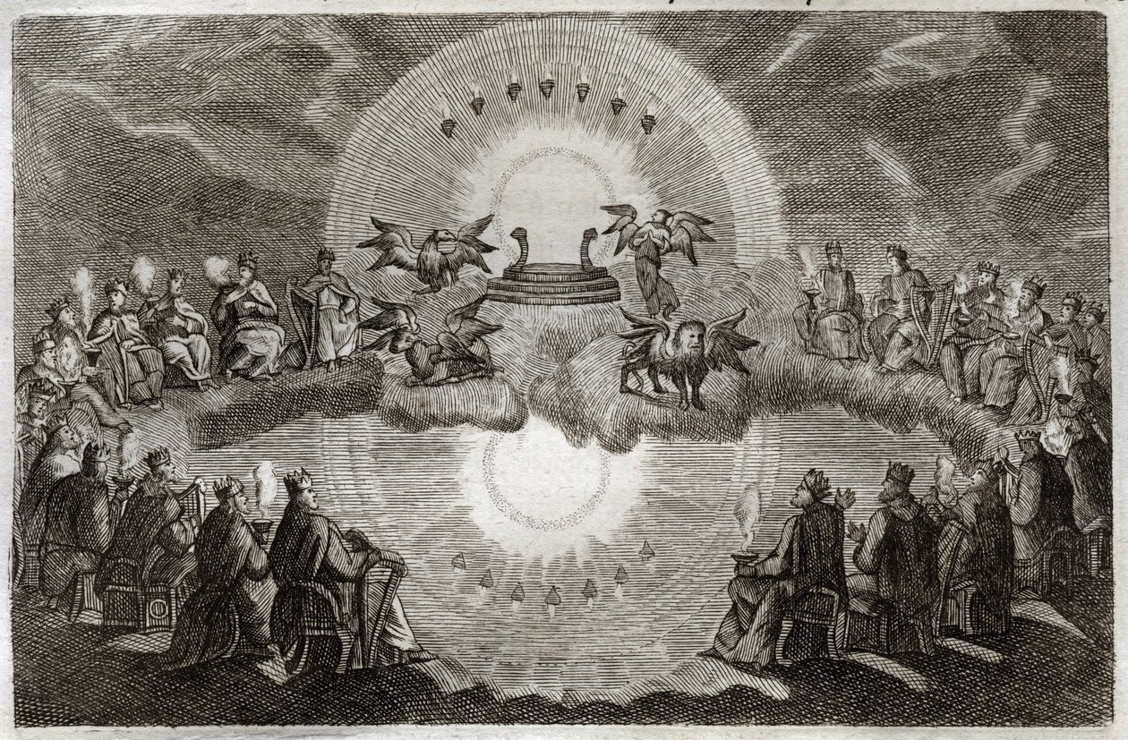 Royaumont Bible, Det Nye Testamente: Åben himmel. En trone dukker op omgivet af en løve, en okse, en mand og en ørn (tetramorf) og syv lamper. Fireogtyve gamle mennesker, der sidder på troner, omgiver dette syn. Illustration fra 1811. af Unknown artist