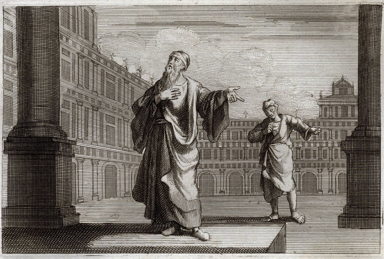 Royaumont Bibelen, Det Nye Testamente: Lignelse om farisæeren og tolderen, der gik for at bede i templet. Illustration fra 1811. af Unknown artist
