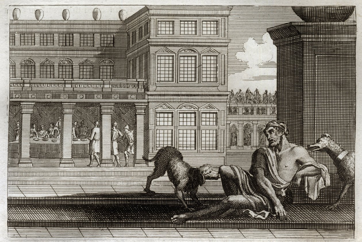 Royaumont Bibelen, Det Nye Testamente: Lignelse om den onde rige repræsenterer ved bordet i ryggen og Lazarus tiggeren, hvis hunde af de rige slikker sårene. Illustration fra 1811. af Unknown artist