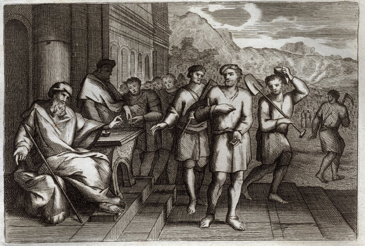 Royaumont Bible, Det Nye Testamente: Lignelse om vinarbejdere eller lignelse om arbejdere i den ellevte time. Arbejdere, som familiens fader sender for at arbejde i sin vingård. Illustration fra 1811. af Unknown artist