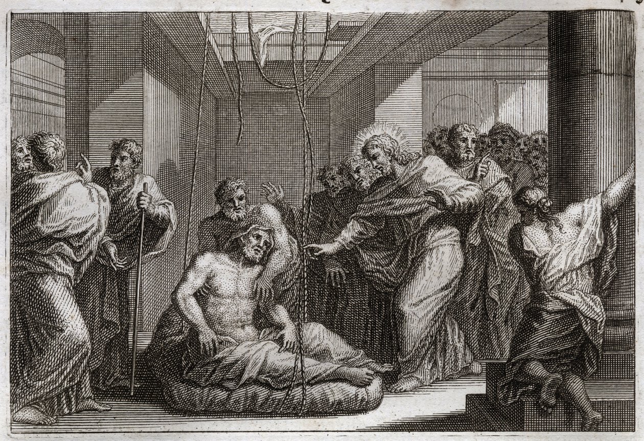 Royaumont Bibelen, Det Nye Testamente: Paralytisk. Jesus Kristus kaldte den hellige Matthæus og helbredte en lam i Capharnaeum. Illustration fra 1811. af Unknown artist