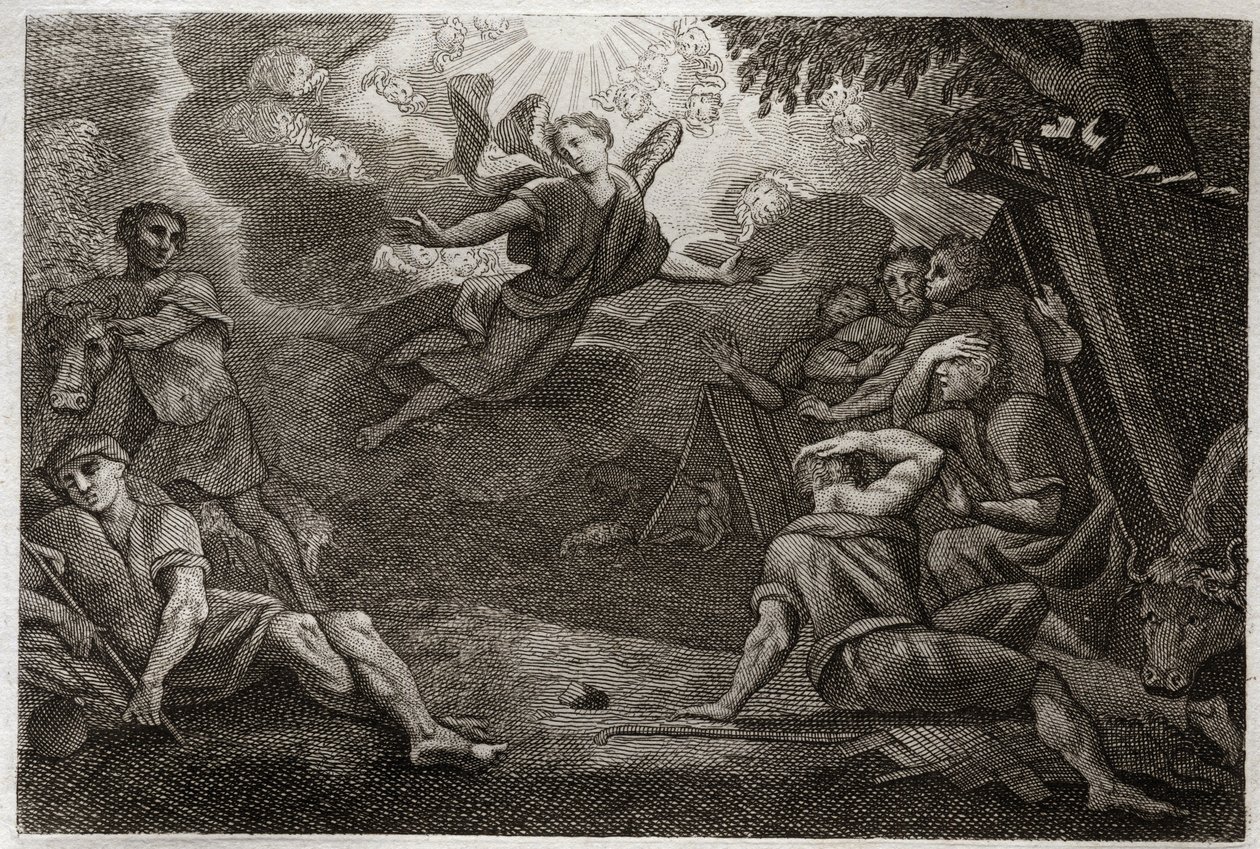 Royaumont Bibelen, Det Nye Testamente: Præster i vuggestuen. En engel annoncerer Jesu Kristi fødsel til præsterne (Bebudelse til hyrderne). Illustration fra 1811. af Unknown artist