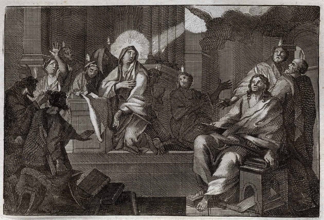 Royaumont Bibelen, Det Nye Testamente: Pentecoot. Helligånden daler ned over Jomfru Maria og apoterne. Illustration fra 1811. af Unknown artist