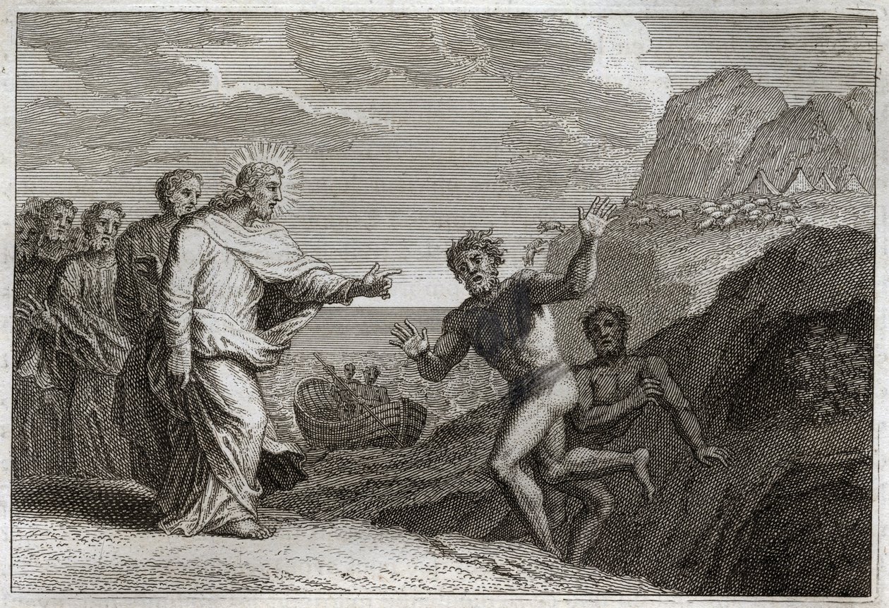 Royaumont Bibelen, Det Nye Testamente: Possede gueri. Jesus Kristus helbredte en besiddelse, som dæmonen gjorde rasende. Illustration fra 1811. af Unknown artist