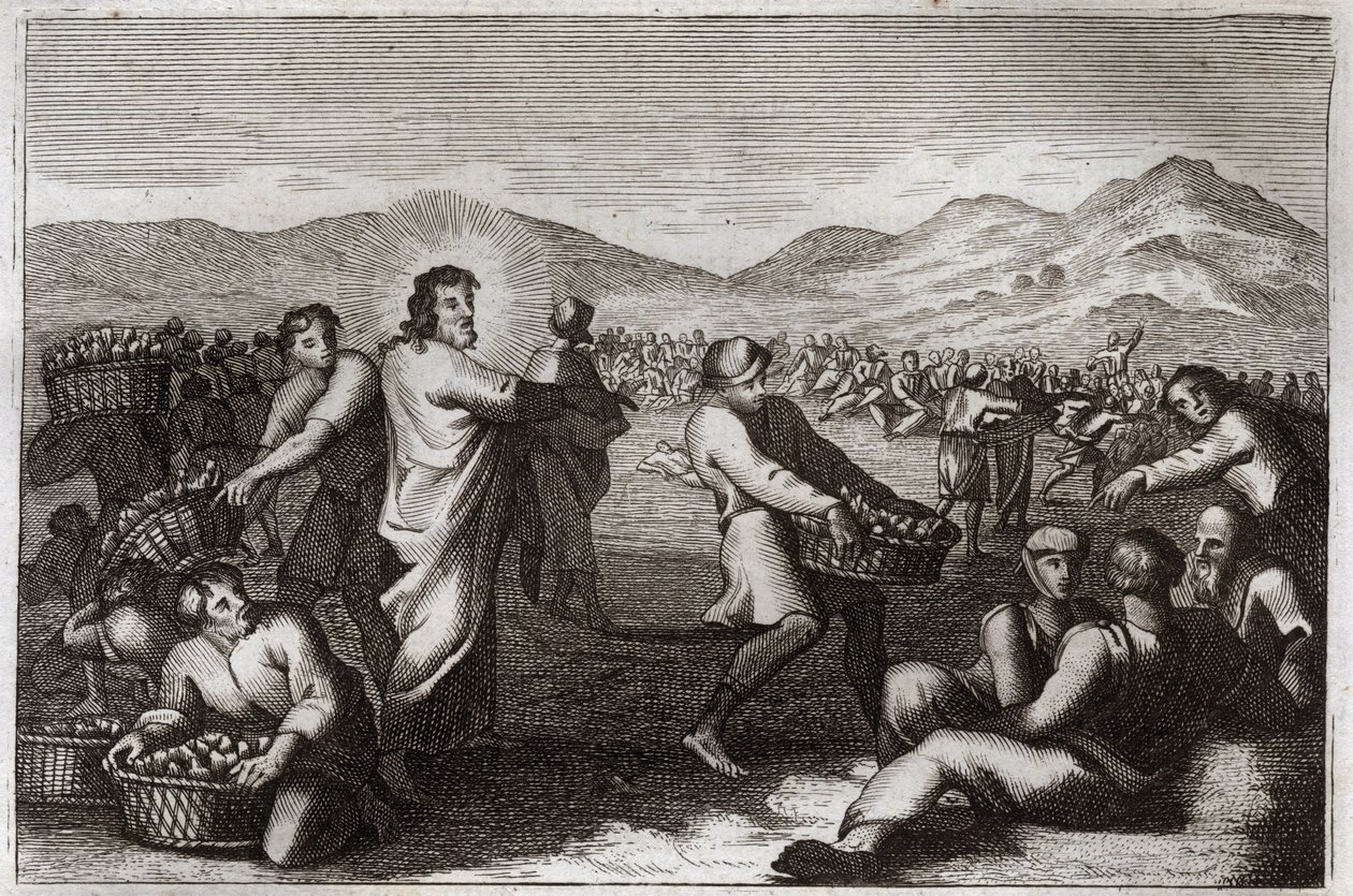 Royaumont Bible, Nye Testamente: Formering af brød. Jesus Kristus formerer fem brød og bespiser fem tusinde mænd. Illustration fra 1811. af Unknown artist