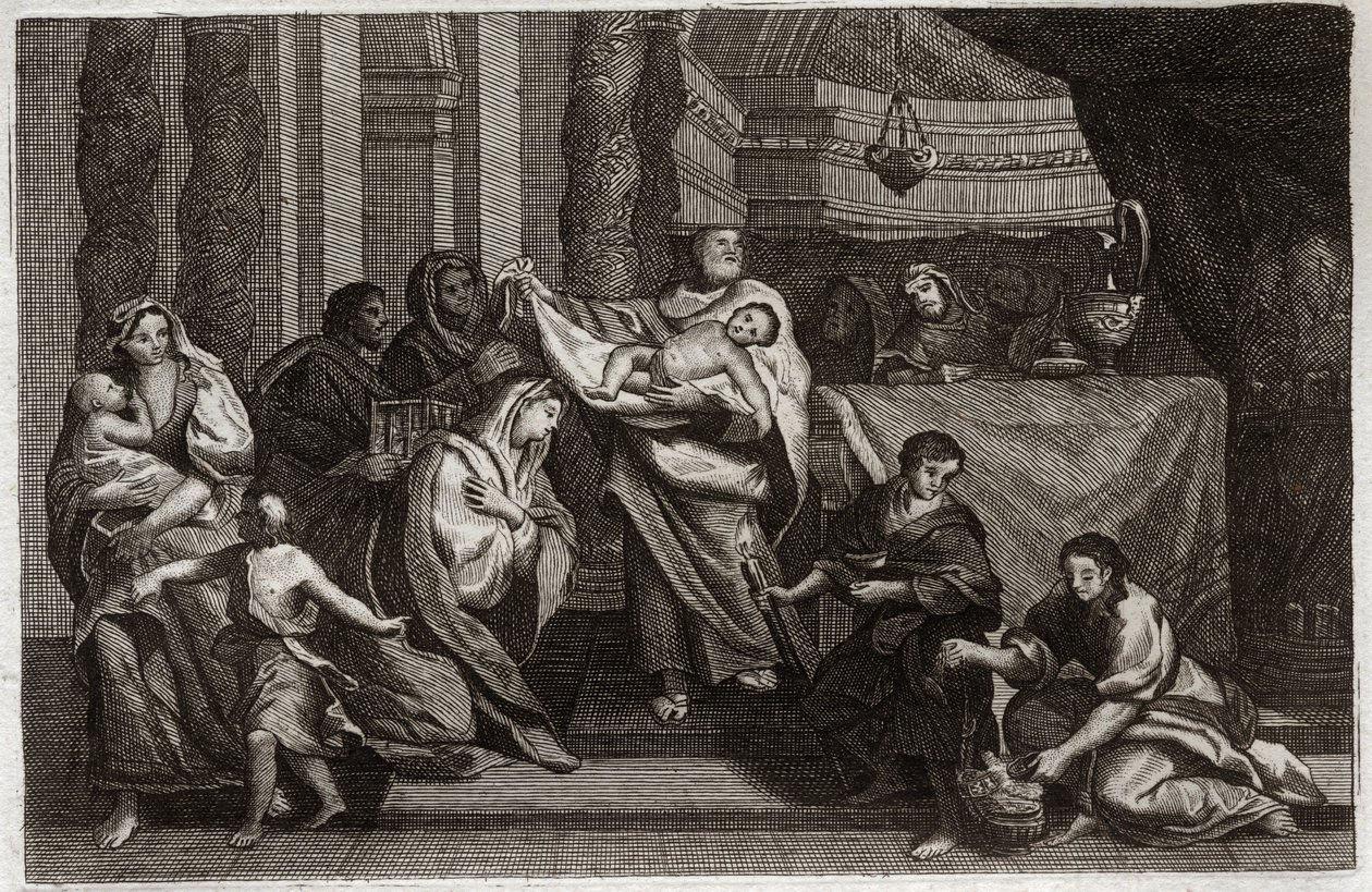 Royaumont Bibelen, Det Nye Testamente: Rensning af Jomfruen eller præsentation i templet. Den hellige familie tilbyder Jesus Kristus til templet og giver det til Symeon (eller Simeon eller Simon). En kvinde holder to duer i en kurv. Illustration fra 1811. af Unknown artist