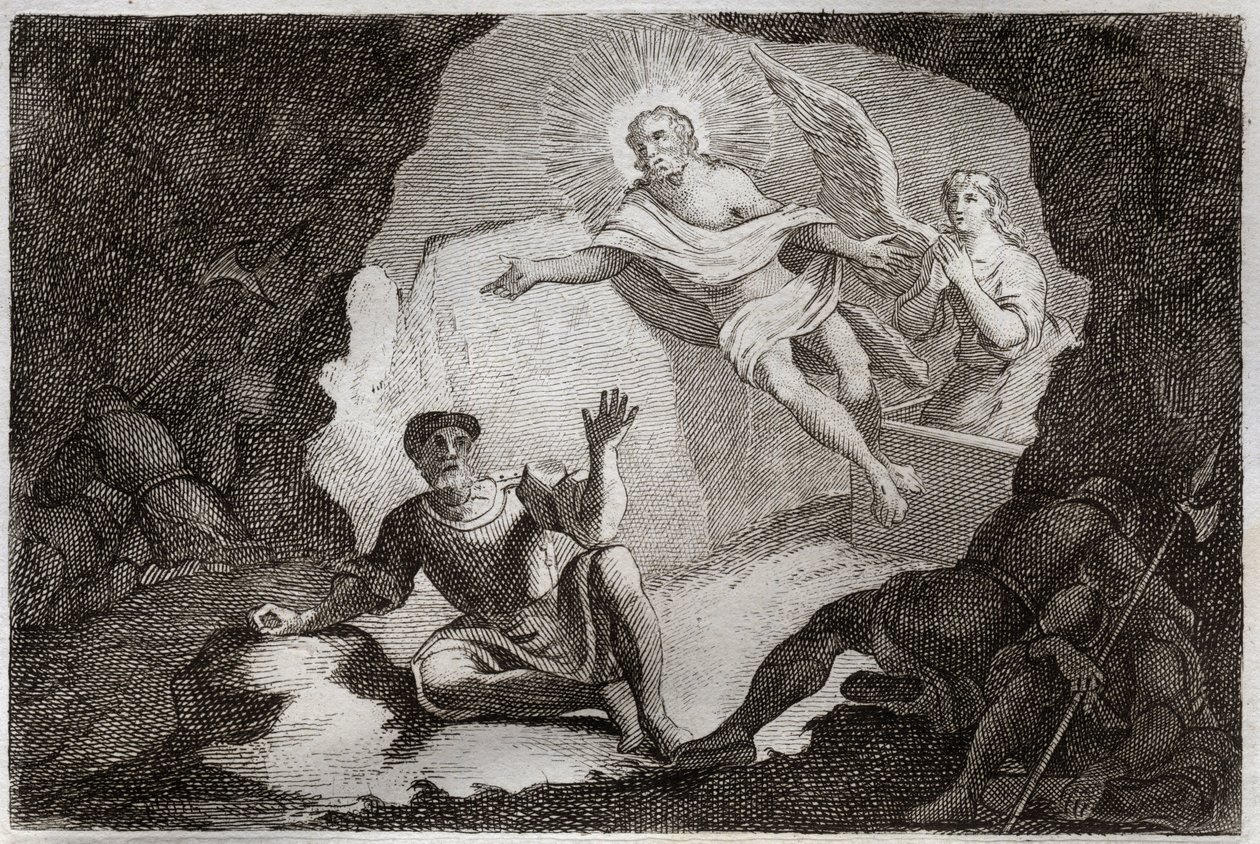 Royaumont Bibelen, Det Nye Testamente: Opstandelse. Jesus Kristus rejser sig fra sin grav under ærefrygt for de romerske soldater, der var faldet i søvn. Illustration fra 1811 (stik) af Unknown artist
