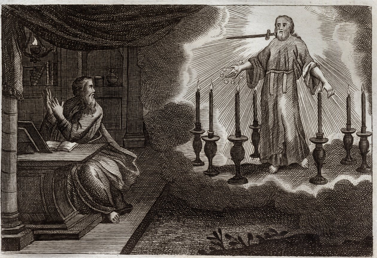 Royaumont Bible, Det Nye Testamente: Johannes åbenbaringer i Åbenbaringen. Jesus Kristus viser sig i Sankt Johannes mellem syv gyldne lysestager, med syv stjerner i hans højre hånd og et sværd, der kommer ud af hans mund. Illustration fra 1811. af Unknown artist