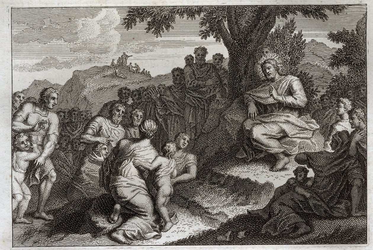 Royaumont Bibelen, Det Nye Testamente: Prædiken på bjerget. Jesus Kristus udvælger tolv apotere af sine disciple og fremfører for dem og for et stort folk prædikenen, som normalt kaldes bjergprædikenen. Illustration fra 1811. af Unknown artist