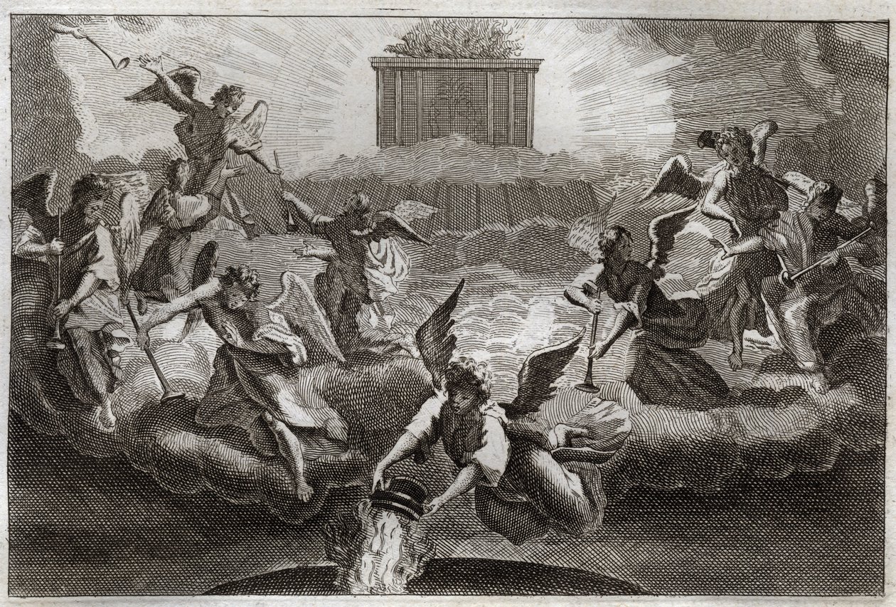 Royaumont Bible, Det Nye Testamente: Syv engle blæser i Åbenbaringens trompeter efter Lammets åbning af bogens syvende segl. En anden engel tager et røgelseskar, fylder det med alterets ild og kaster det på jorden. Illustration fra af Unknown artist