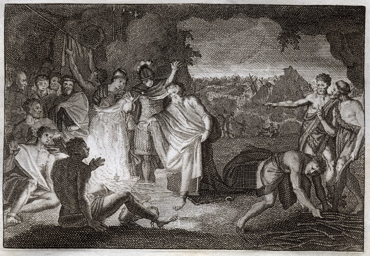 Royaumont Bible, Nye Testamente: Sankt Pauls forlis. Han er bidt med en hugorm uden nogen skade. Illustration fra 1811. af Unknown artist