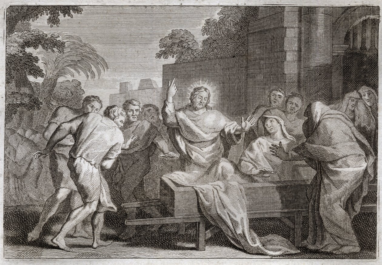 Royaumont Bible, Det Nye Testamente: Søn af enken fra Naim. Jesus Kristus opdrager en enkes søn fra byen Naim. Illustration fra 1811. af Unknown artist