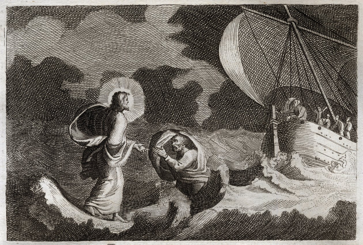 Royaumont Bibelen, Det Nye Testamente: Sankt Peter går på vandet. Jesus Kristus går på havet og får Sankt Peter til at gå der. Illustration fra 1811. af Unknown artist