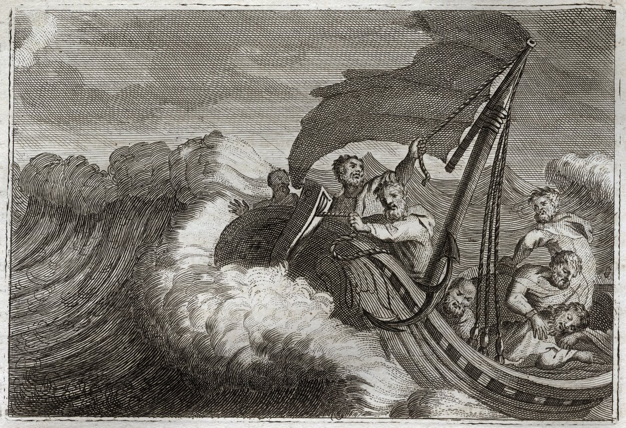 Royaumont Bible, Det Nye Testamente: Tempete formildede. Apoterne bliver overrasket af en storm, der vækker Jesus Kristus, som sov i deres skib, og han beroliger også Genesaret Sø. Illustration fra 1811. af Unknown artist