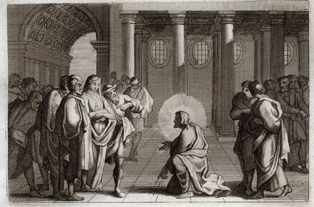 Royaumont Bible, Det Nye Testamente: Den utro kvinde. Jesus Kristus vildleder sig selv fra de fælder, som jøderne lagde over ham, og spørger ham, hvad der skal gøres ved en kvinde, der er grebet i utroskab, idet han siger: "Lad ham af dig, som er uden synd af Unknown artist